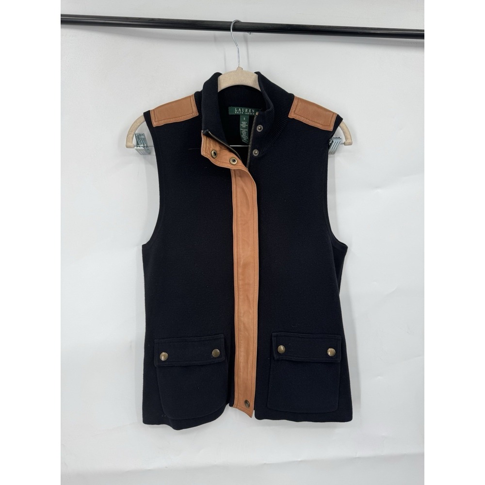 Lauren Ralph Lauren Western Zip Leather Trim Sweater Vest Sz S Black Equestrian